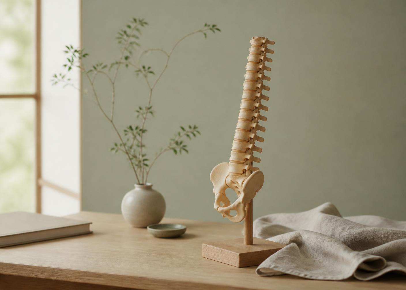 Wooden anatomical spine model in daylight